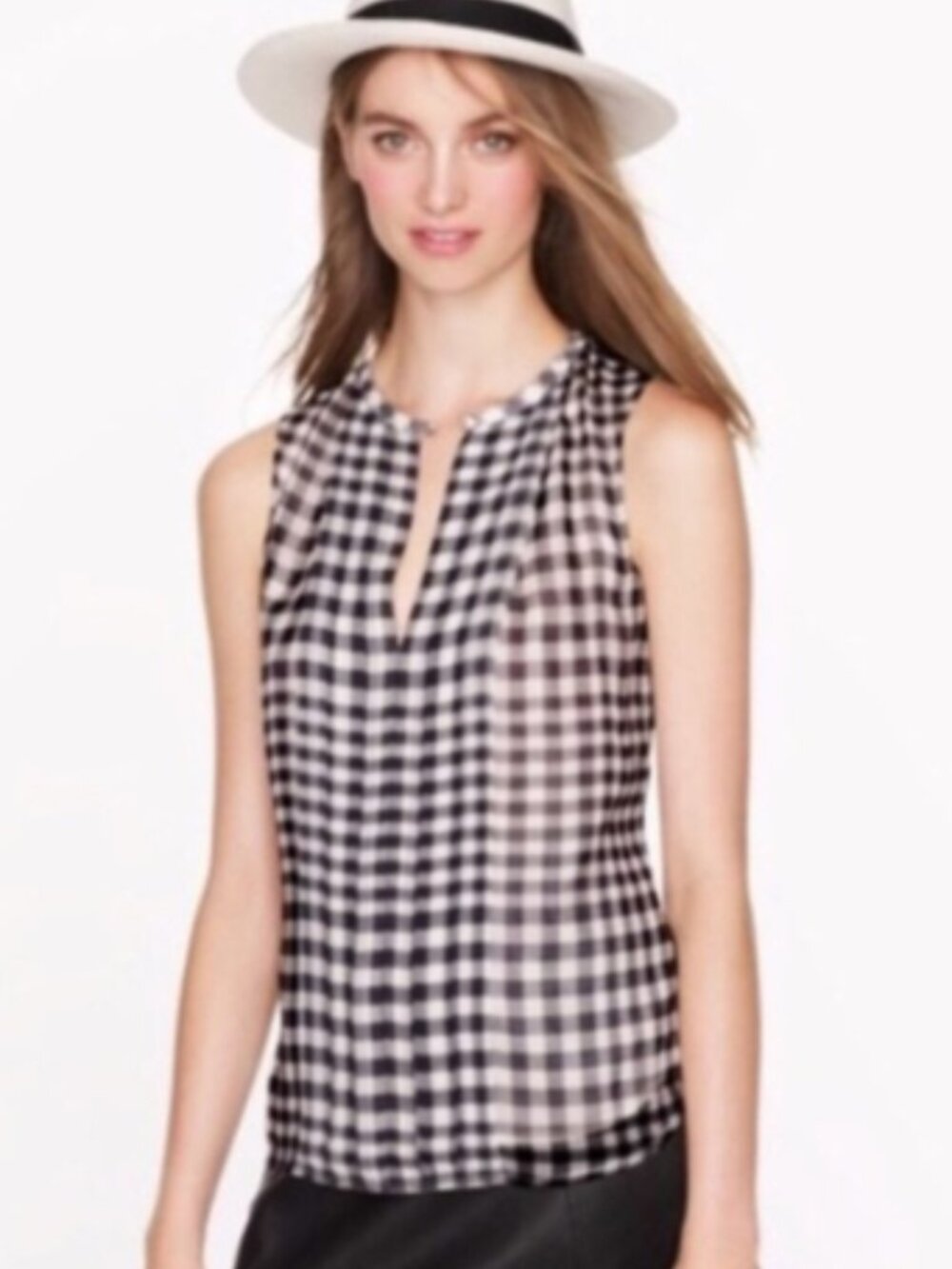 J. Crew Silk Pleated Tank Top Sleeveless Blouse, Black/Cream Gingham - Size 2